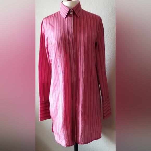 Farinaz Taghavi 100% Silk Pearl Buttoned Pink Striped Duster Tunic NNT Size 8 - Picture 1 of 10
